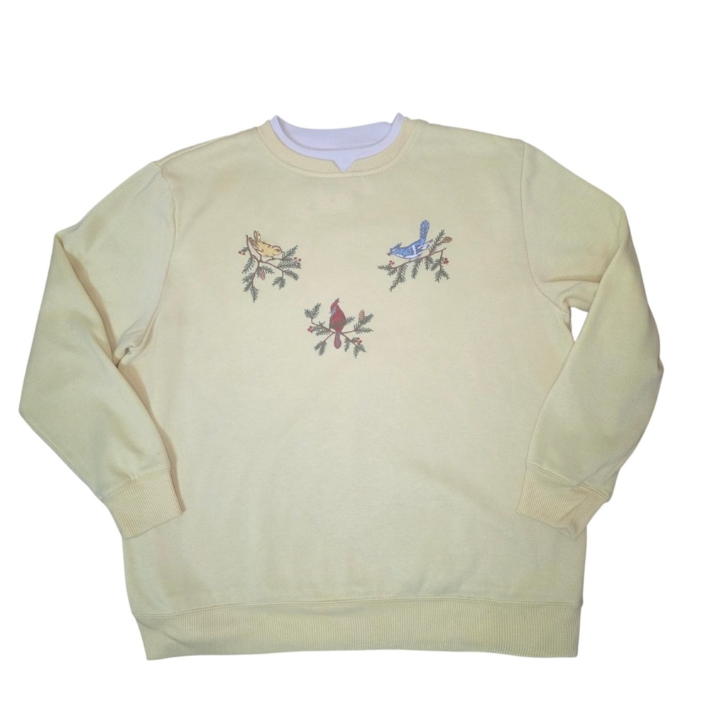 Vintage Ladies Club Womens XL Yellow Embroidered Bird Floral Crewneck Sweatshirt